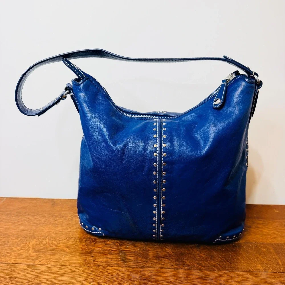 Michael Kors‎ Blue Leather Studded Hobo Shoulder Bag Silver Hardware Y2K Vinage